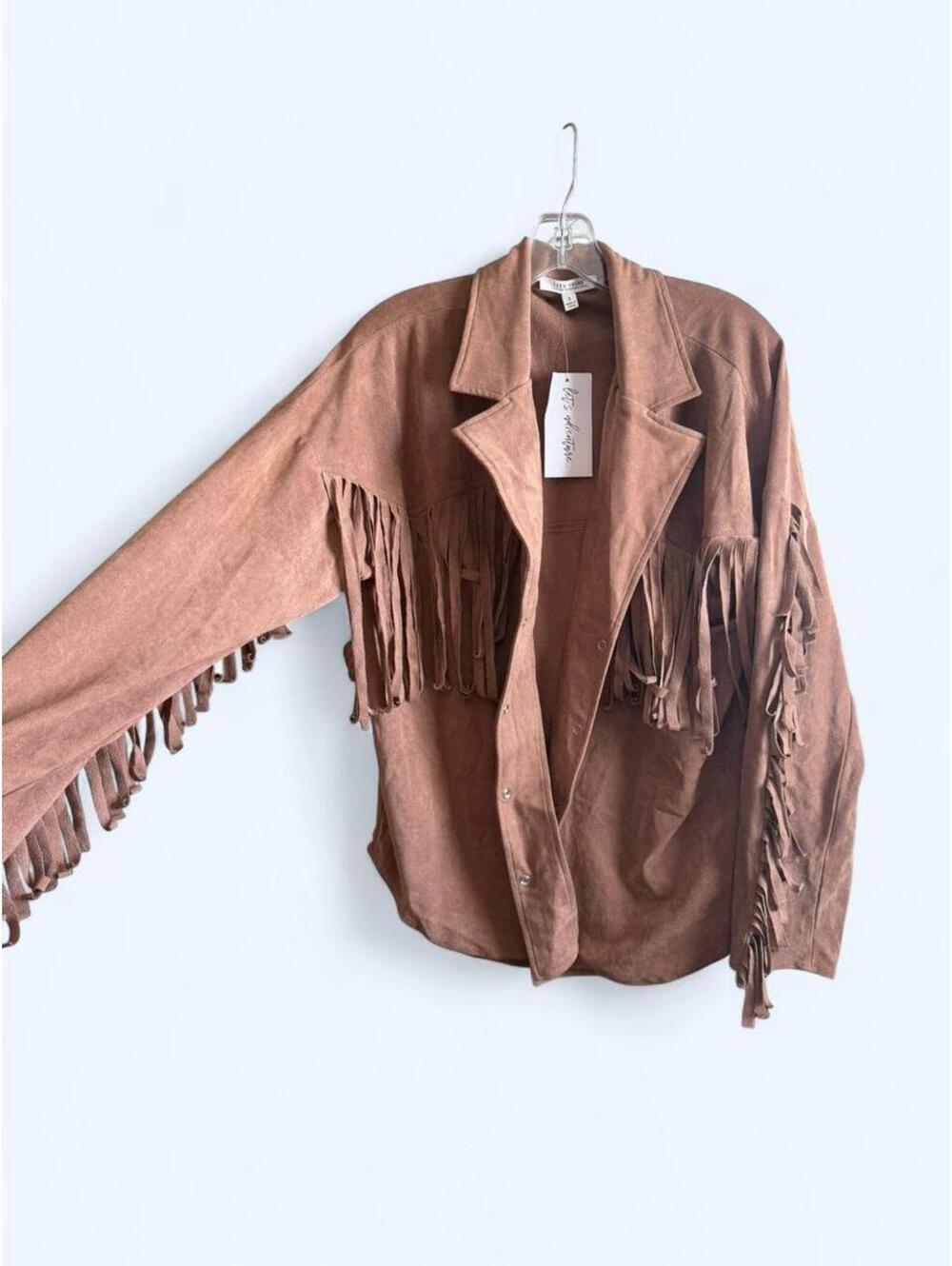 12th Tribe tan thin fringe jacket with zipper closure - Picture 2 of 5